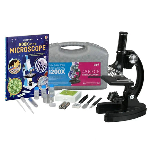 Beginner Friendly Hands On Educational Microscope Kit for Kids With Metal Arm and Stage, 40 Piece Set, book and tools.