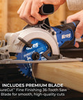 20V Ionic Drive 4 1/2 Inch Circular Saw Bare Tool Pro Grade Power with brushless motor cutting wood with SureCut blade