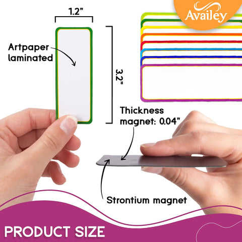 Hands showing the size and thickness of Color Border Magnetic Dry Erase Labels 48 Piece Bulk Pack Reusable Magnetic Strips.