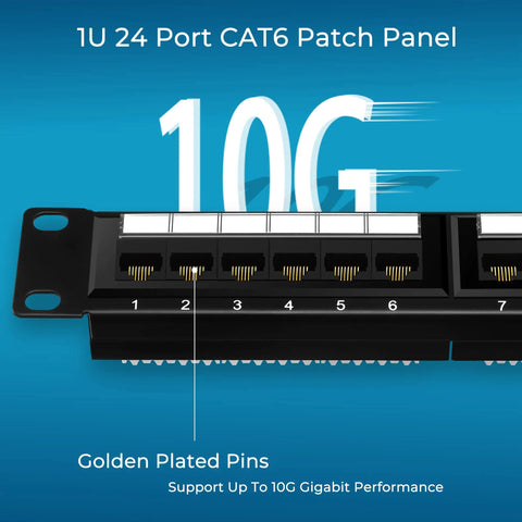 Close-up of 24 Port Cat6 Patch Panel With 10G Ready Ethernet, showing 1U size and golden plated pins for high-speed connections.