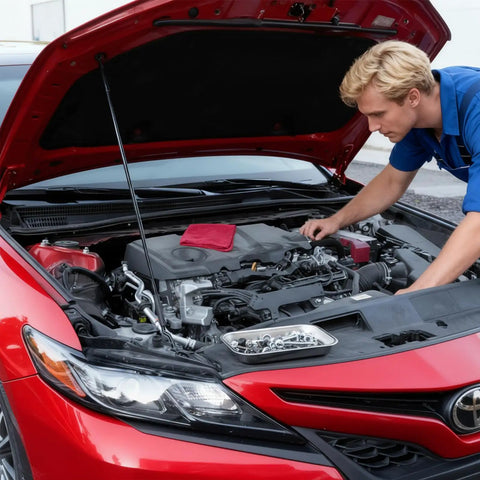Mechanic working under car hood in garage using 10 Piece Magnetic Tray Set For Tools And Tiny Parts, Stainless Steel Trays.