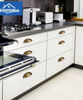 Kitchen with 12 Pack Cup Pulls And Dresser Pulls In Brass Bronze Finish For Cabinets And Furniture, 3 Inch Hole Centers, installed on drawers