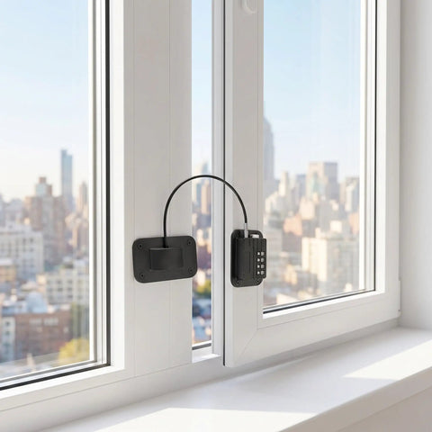 Two Pack Refrigerator Locks With Four Digit Code No Drill Install on window, city skyline in background