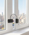 Heavy Duty 2 Pack Fridge And Cabinet Locks With 4 Digit Code Kid Safe Lock installed on a white window, cityscape view.