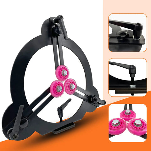 Close-up of Three Point Woodturning Adjustable Steady Rest for a 12 Inch Lathe Swing with CNC cut and non-marring pink wheels