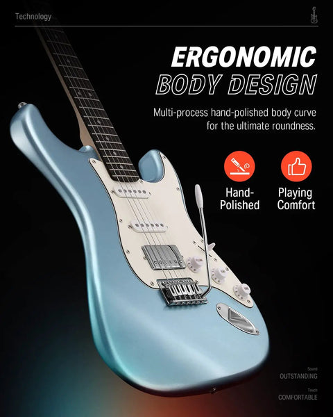39 Inch Beginner Electric Guitar Kit With Korea Made HSS Pickup And Coil Split, metallic ice blue ergonomic design