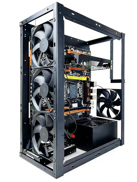 Open Air PC Test Bench Open Frame Chassis For DIY Rigs with E-ATX motherboard, large fans, and components installed, side view.