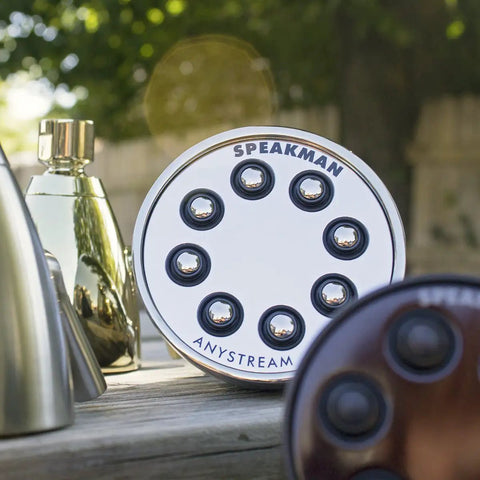 Close-up of showerhead from Brass Shower Trim Kit S2251E175 With Icon Compatibility outdoors, polished finish under sunlight.