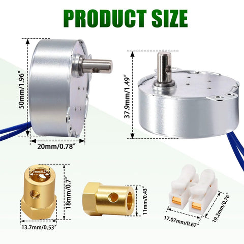 Dimensions of Synchronous Turntable Motor For Cup Turner And Cuptisserie Rotator shown with couplings and connectors
