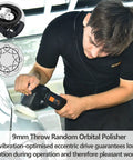 Person using 3 Inch Dual Action Car Buffer Polisher With 9mm Orbit on car surface for detailing, close-up view.