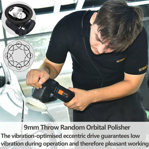 Person using 3 Inch Dual Action Car Buffer Polisher With 9mm Orbit on car surface for detailing, close-up view.