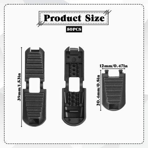 50 Pack No Tie Shoe Lace Clips With Paracord End Caps And Zipper Pulls, black clips, 39mm size shown