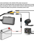 Diagram showing Dual 1080P Waterproof Bike Dash Cam With 3 Inch Screen, Night Vision, Front And Rear HD Recording setup.