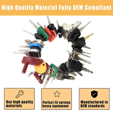48 Piece Heavy Equipment Key Set For Excavators, Loaders, Forklifts, Dozers, Skid Steers And More arranged in a circle