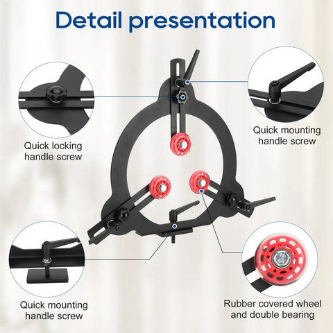 Detail of Pro Grade Woodturning Steady Rest For 12 14 And 16 Inch Lathe Swing, featuring quick locking screws and red rubber wheels.