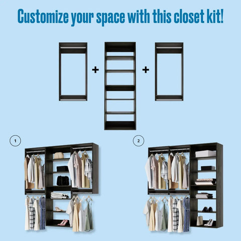 Sleek Modular Closet Organizer Wall Mounted Kit With Heavy Duty Hanging Rods Adjustable Shelves Smooth Glide Rails Grey Finish No Sweat Installation Organization System showcasing customizable setup with shelves and rods.