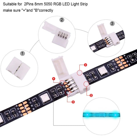 Close-up of All In One 4 Pin RGB LED Strip Connector Kit With Wire And Cables 10mm showing connector details and RGB strip.