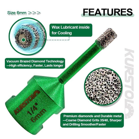 KURSTOL 9-pc tile hole saw kit with green diamond core bits for porcelain tile; includes SDS shank and bevel bit