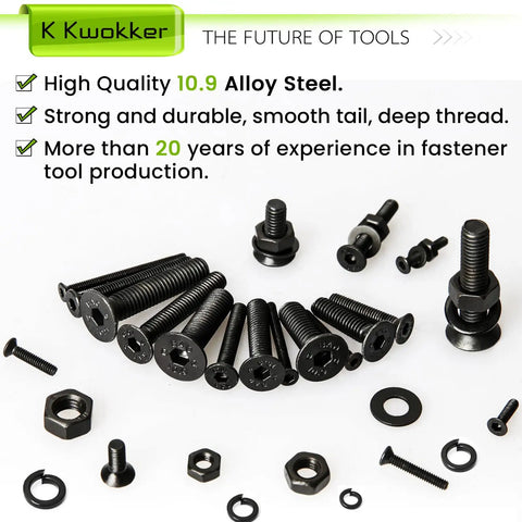 Pro Grade 1700Pcs Metric Screw And Nut Kit With Washers And Hex Keys Black 10.9 Alloy Steel M2 M3 M4 M5 Screws Nuts Bolts Set 8mm To 25mm Lengths K Kwokker displayed with various components and labels highlighting alloy steel quality.