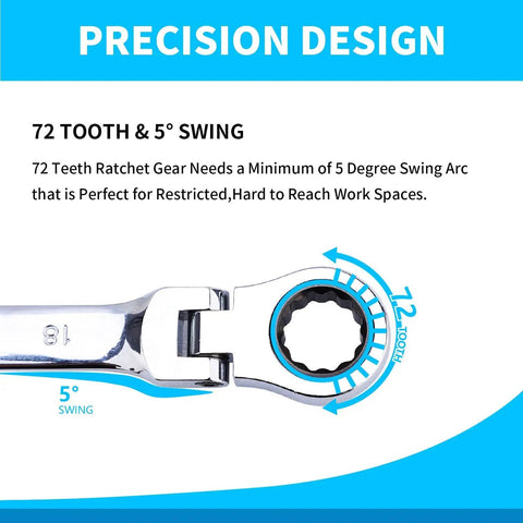 Precision design of Six Piece Metric Ratchet Wrench Set With Double Box End Flex Heads, 72-Tooth Gear, 5 Degree Swing