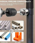 All In One Pipe Threading Kit With Integrated Internal And External Tools, shown threading a PVC pipe with an electric drill