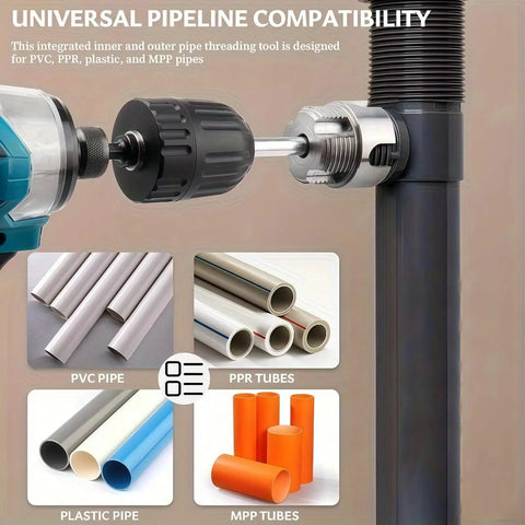 All In One Pipe Threading Kit With Integrated Internal And External Tools, shown threading a PVC pipe with an electric drill