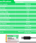 Specification sheet of Beefy 2-Pack 3.7V 10000mAh LiPo Battery With USB Charger for Arduino ESP32 Drones RC Cars Modules