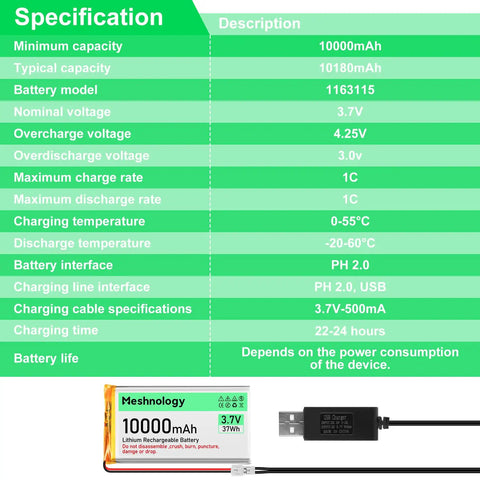 Specification sheet of Beefy 2-Pack 3.7V 10000mAh LiPo Battery With USB Charger for Arduino ESP32 Drones RC Cars Modules
