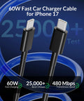 60W fast car charger cable for iPhone 17 with high bend lifespan and fast charging speed