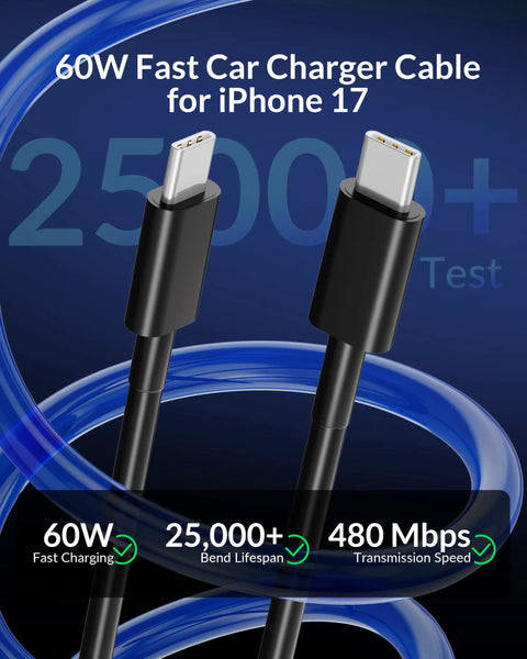 60W fast car charger cable for iPhone 17 with high bend lifespan and fast charging speed