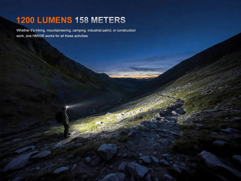 Person hiking on mountain trail at night using Beast Mode 1200 Lumen Headlamp With White And Red Light, Magnetic Tailcap, Detachable Flashlight.