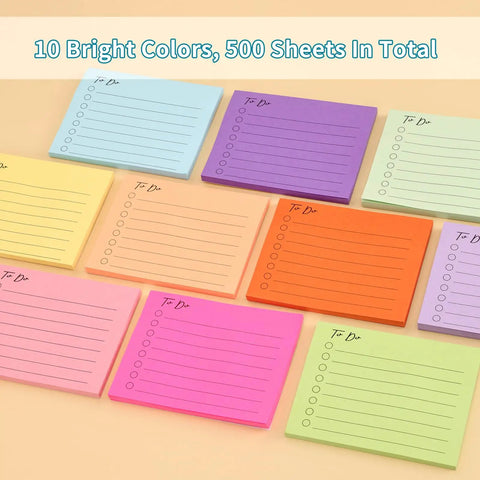 10 Pack To Do List Sticky Notes 3x4 Inches Square Lined Notepads With 50 Sheets Each, 500 Sheets Total, Colorful 10 Color Notes