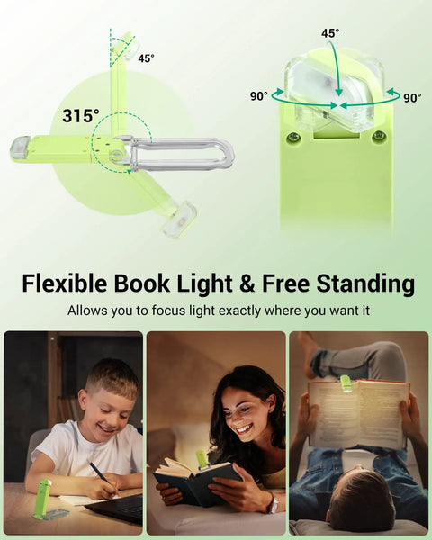 Go-To Clip On Book Light For Reading At Night With Amber And Warm White Glow, flexible clip lamp, for kids and adults, green