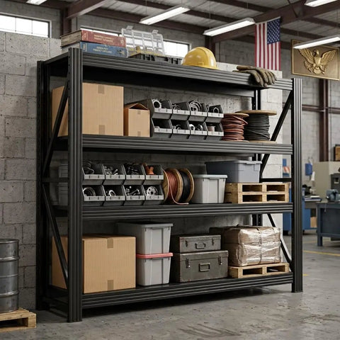 Beefed Up 4 Tier Storage Shelving Black Industrial Grade Rack Cracks Under Up To 6000 Lbs Pressure showing organized tools and boxes.
