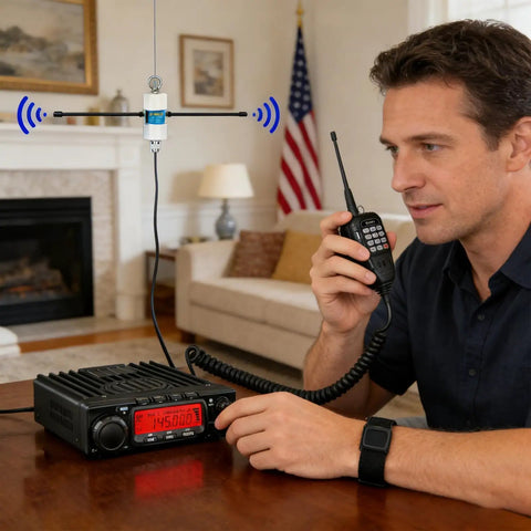 Man using ham radio with OneToOne Voltage Balun For Ham Radio Antennas, 500W High Power, HF Band 1 To 50MHz, Dipole Ready