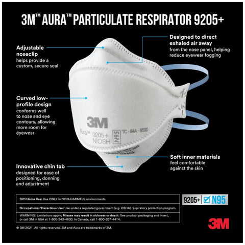 Aura Particulate Respirator 9205 Plus N95 Lightweight Three Panel Design For Comfortable Respiratory Protection, NIOSH Approved