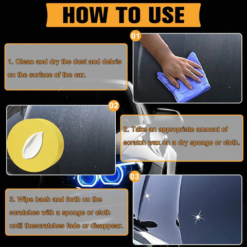 Instructions showing use of Two Pack Car Scratch Remover Wax Kit For Deep Scratches And Swirls Vehicle Polish And Scratch Repair Paste With Sponge Clear Coat Safe Car Paint Restoration Easy DIY Auto Body Shine And Protection