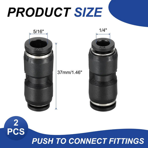 Push To Connect Fittings Reducing 5/16 Inch To 1/4 Inch Tube OD Quick Connector for Water Oil Gas Air Lines, black fittings size view.
