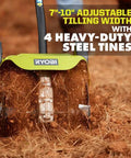 Universal Tiller Attachment For String Trimmer 8 Inch Cultivator with 4 steel tines in action, cultivating soil