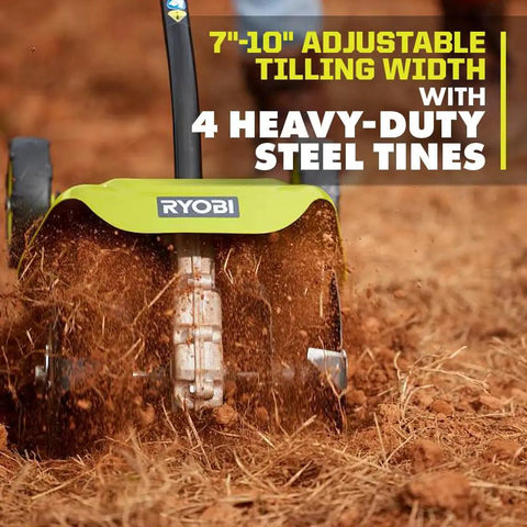 Universal Tiller Attachment For String Trimmer 8 Inch Cultivator with 4 steel tines in action, cultivating soil