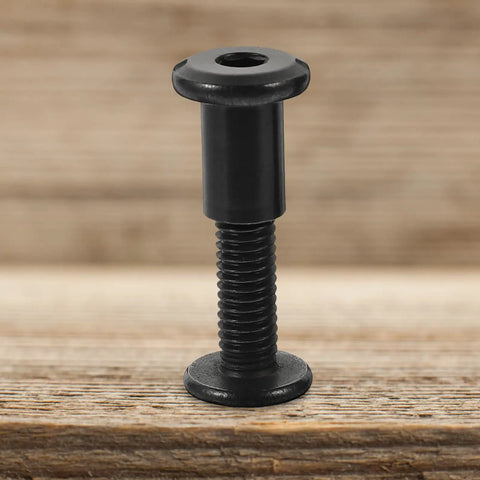 Top Shelf M6x25 Black Stainless Steel Binding Screws With Matching Cap Nuts close-up showing precise threading and flat cap.