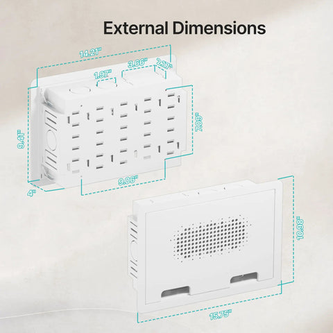 9 Inch In Wall Media Box Recessed Cable Management Kit For TV Wire Organization dimensions displayed on a light background.