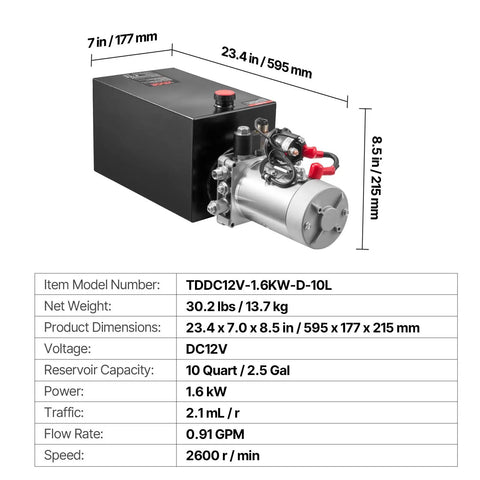 Heavy Duty 12V DC Hydraulic Pump Power Unit with 10 Quart Steel Reservoir, single acting, 3200 PSI, SAE 6 connector.