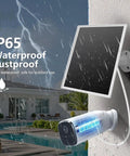 8W Outdoor Solar Panel For Security Cameras with 5V USB and USB C, IP65 weatherproof in rain, mounted on wall by a pool