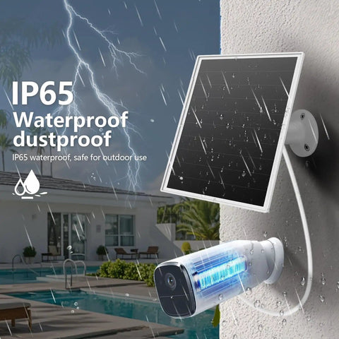 8W Outdoor Solar Panel For Security Cameras with 5V USB and USB C, IP65 weatherproof in rain, mounted on wall by a pool