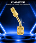 Four Pack Angled R410A Adapters For Mini Split HVAC Service Five Sixteenth Inch Female To One Quarter Inch Male Flare Fittings Pro Grade Easy Connect For Diagnostics And Maintenance. 45° bronze adapter on display