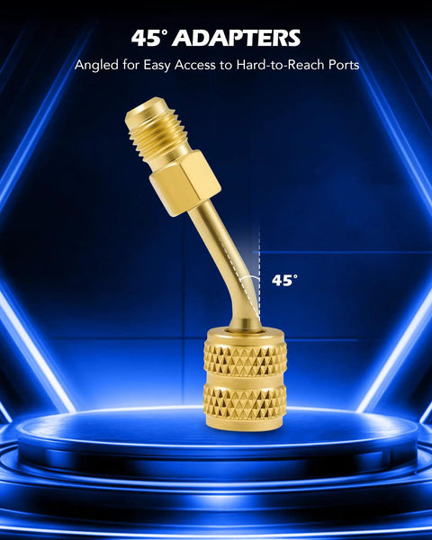 Four Pack Angled R410A Adapters For Mini Split HVAC Service Five Sixteenth Inch Female To One Quarter Inch Male Flare Fittings Pro Grade Easy Connect For Diagnostics And Maintenance. 45° bronze adapter on display