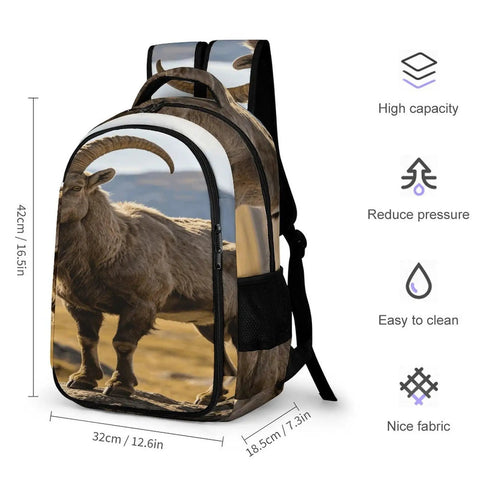 Alpine Wild Horned Goat Print Backpack made of durable polyester with large capacity and sturdy zipper, 42cm x 32cm x 18.5cm.