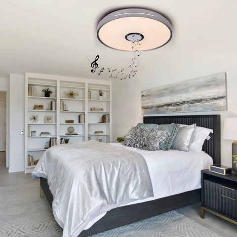 Modern bedroom featuring LED Ceiling Light With Bluetooth Speaker And RGB Color Changing Glow, 24W, 15.7 Inch Remote Control Ceiling Lamp