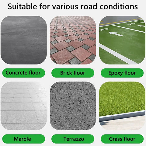 Various road surfaces including concrete, brick, epoxy, marble, terrazzo, and grass, suitable for heavy duty use.